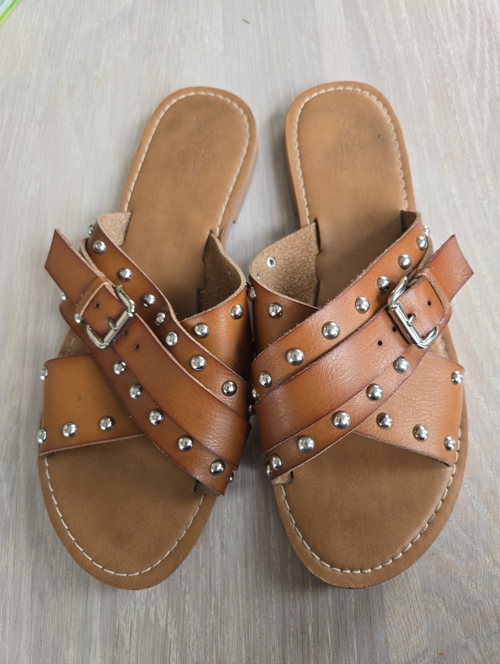 Women's Tan Studded Buckle Slide Sandals
